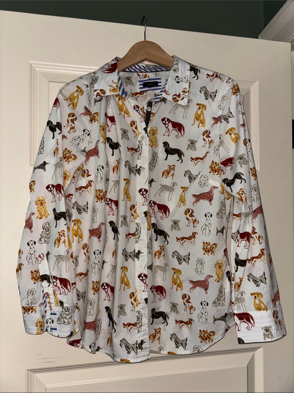 Talbots White Button-Up Blouse with Multicolor Dog Print